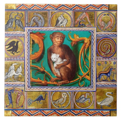 MEDIEVAL BESTIARYMONKEY AND WHITE CATANIMALS  CERAMIC TILE