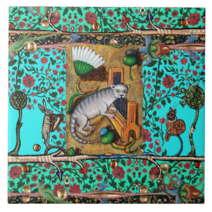  MEDIEVAL BESTIARY MUSIC,CAT PLAYING ORGAN Blue  Ceramic Tile