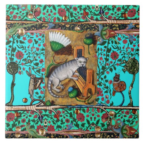MEDIEVAL BESTIARY MUSIC,CAT PLAYING ORGAN Blue  Ceramic Tile