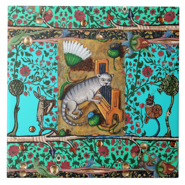  MEDIEVAL BESTIARY MUSIC,CAT PLAYING ORGAN Blue  Ceramic Tile (Front)