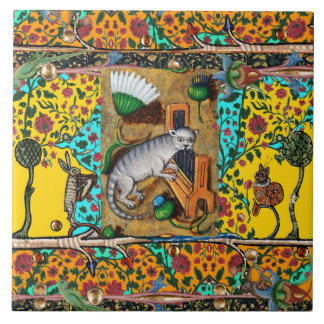  MEDIEVAL BESTIARY MUSIC,CAT PLAYING ORGAN Yellow Ceramic Tile