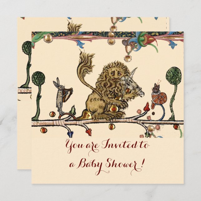 MEDIEVAL BESTIARY MUSIC Violinist Lion Baby Shower Invitation (Front/Back)