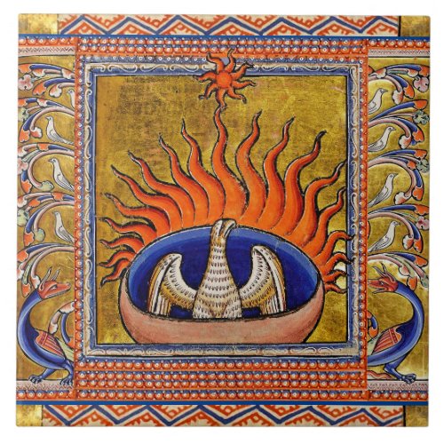 MEDIEVAL BESTIARYPHOENIX IN RED FLAMESLIFE TREE CERAMIC TILE