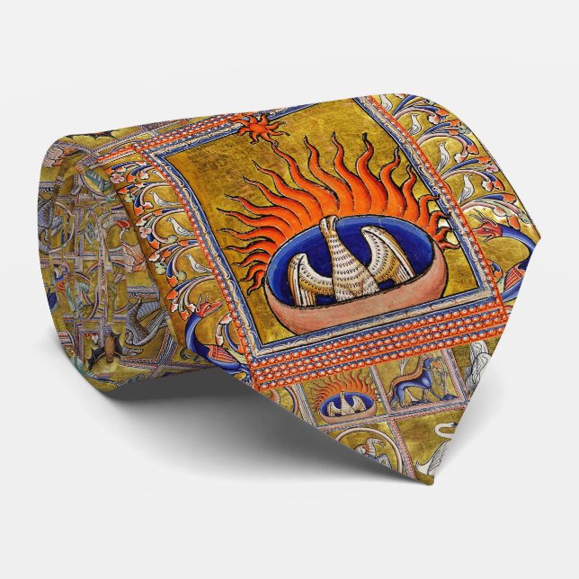 MEDIEVAL BESTIARY,PHOENIX IN RED FLAMES,LIFE TREE NECK TIE (Rolled)