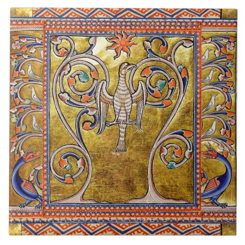 MEDIEVAL BESTIARYPHOENIX ON TREE OF LIFEDRAGONS CERAMIC TILE