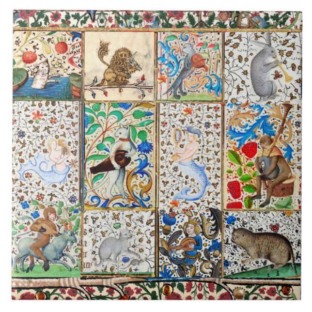 MEDIEVAL BESTIARY PLAYING MUSICAL INSTRUMENTS CERAMIC TILE (Front)