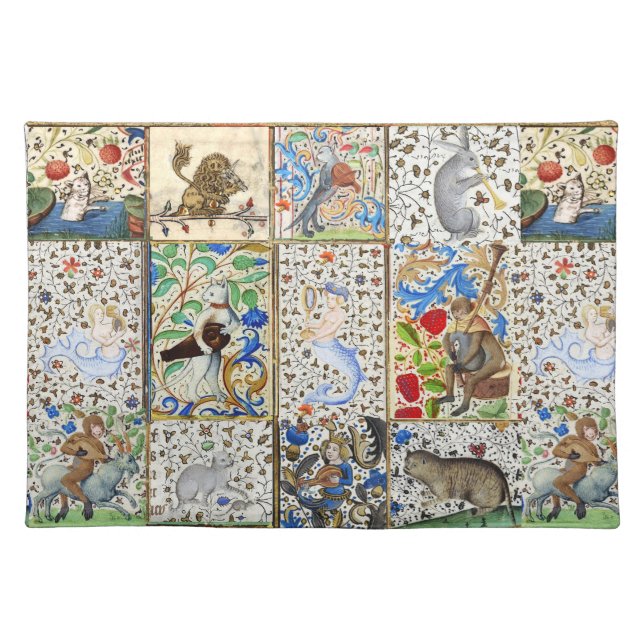 MEDIEVAL BESTIARY PLAYING MUSICAL INSTRUMENTS CLOTH PLACEMAT (Front)