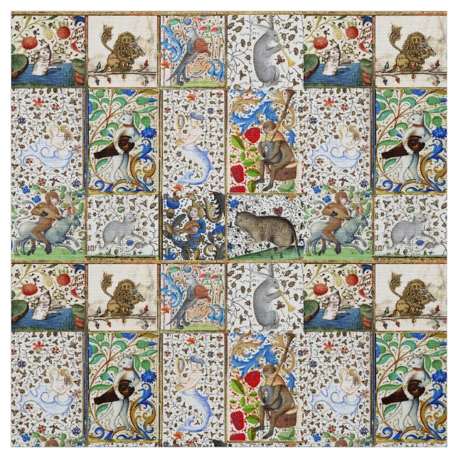 MEDIEVAL BESTIARY PLAYING MUSICAL INSTRUMENTS FABRIC (Swatch)