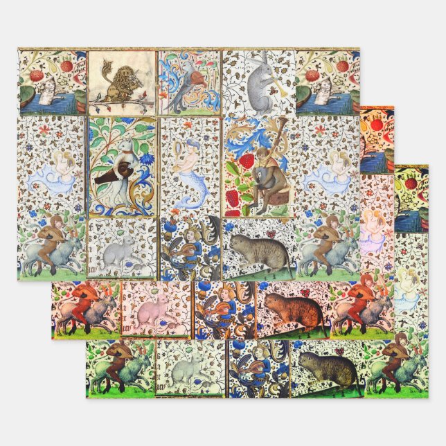 MEDIEVAL BESTIARY PLAYING MUSICAL INSTRUMENTS  WRAPPING PAPER SHEETS (Set)