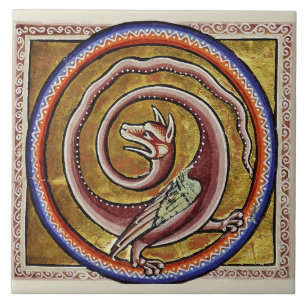 MEDIEVAL BESTIARY, SNAKE DRAGON CIRCLES CERAMIC TILE