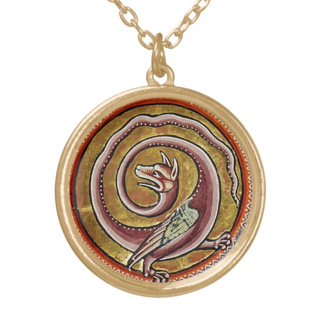 MEDIEVAL BESTIARY, SNAKE DRAGON CIRCLES  GOLD PLATED NECKLACE (Front)