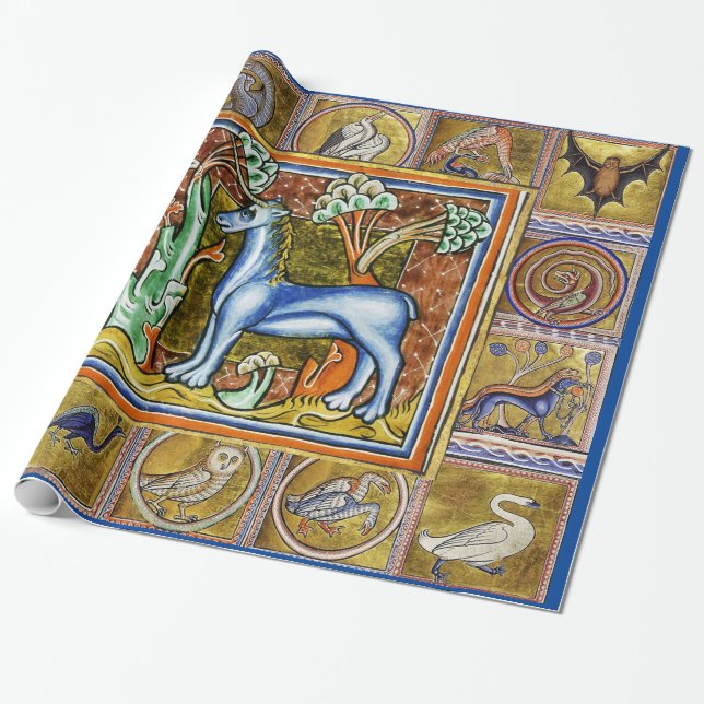 MEDIEVAL BESTIARY,UNICORN,FANTASTIC ANIMALS WRAPPING PAPER (Unrolled)