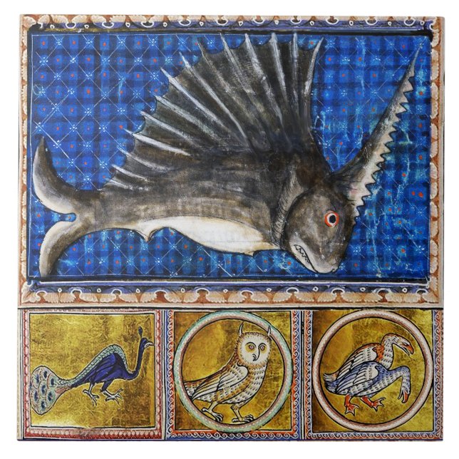 MEDIEVAL BESTIARY,UNICORN FISH ,FANTASTIC ANIMALS  CERAMIC TILE (Front)