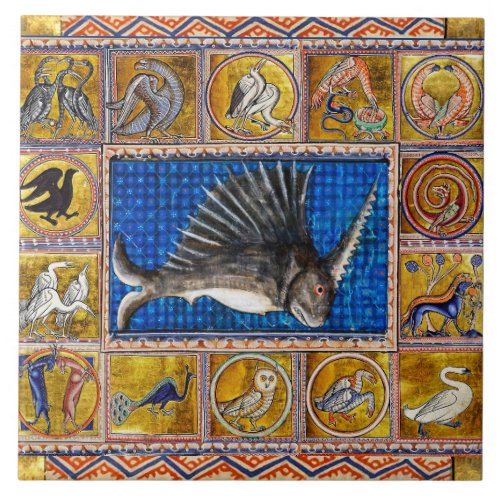 MEDIEVAL BESTIARYUNICORN FISH FANTASTIC ANIMALS  CERAMIC TILE