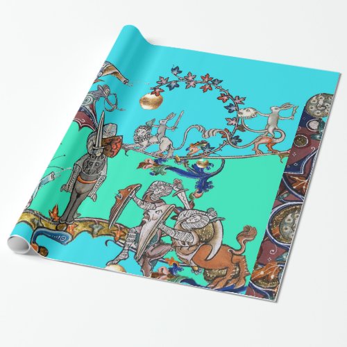 MEDIEVAL BESTIARY WAR KNIGHTSGIANT SNAILS Blue Wrapping Paper