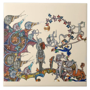 MEDIEVAL BESTIARY WAR, KNIGHTS,GIANT SNAILS Cream Ceramic Tile