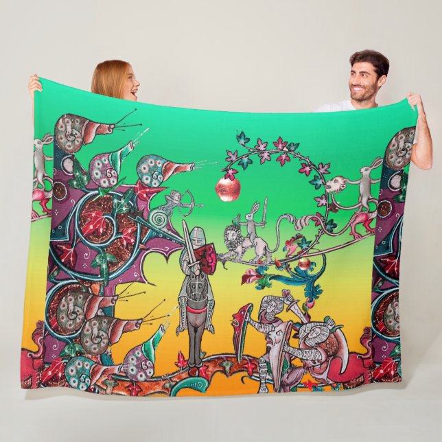 MEDIEVAL BESTIARY WAR, KNIGHTS,GIANT SNAILS Green Fleece Blanket (In Situ)