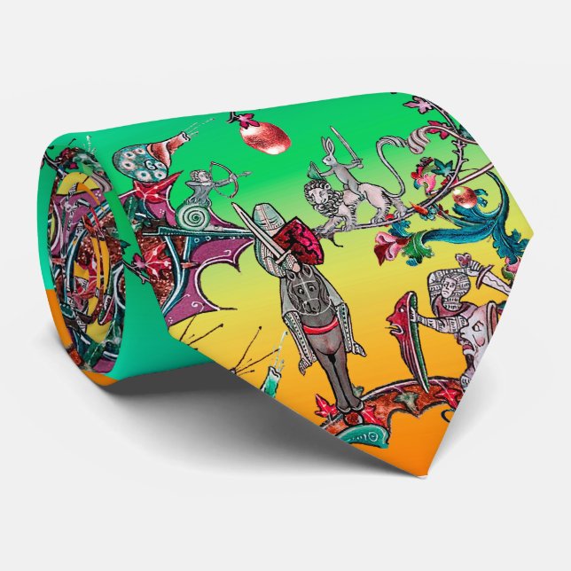  MEDIEVAL BESTIARY WAR, KNIGHTS,GIANT SNAILS Green Neck Tie (Rolled)