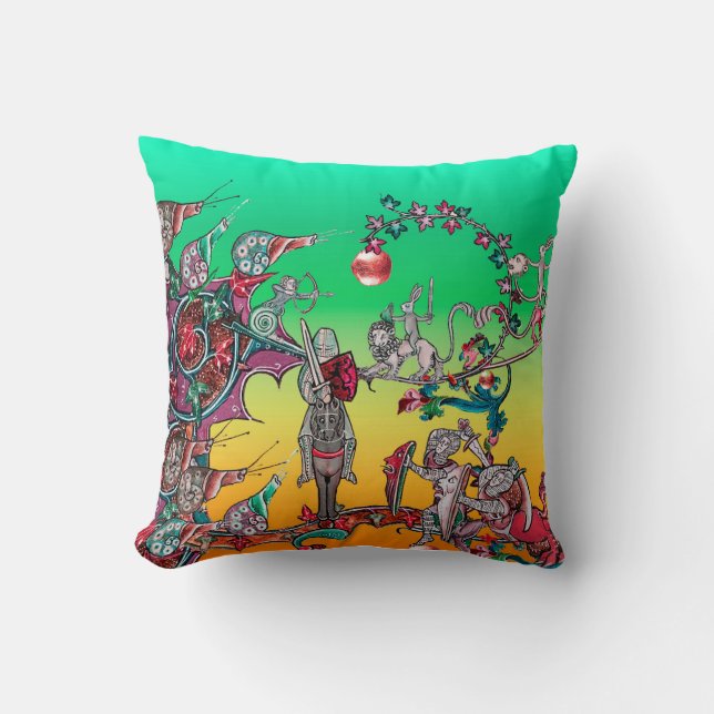 MEDIEVAL BESTIARY WAR, KNIGHTS,GIANT SNAILS Green Throw Pillow (Front)