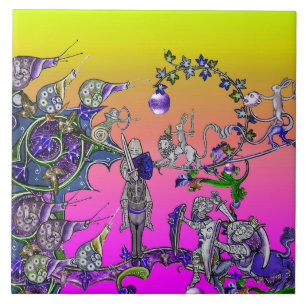 MEDIEVAL BESTIARY WAR, KNIGHTS,GIANT SNAILS Pink Ceramic Tile