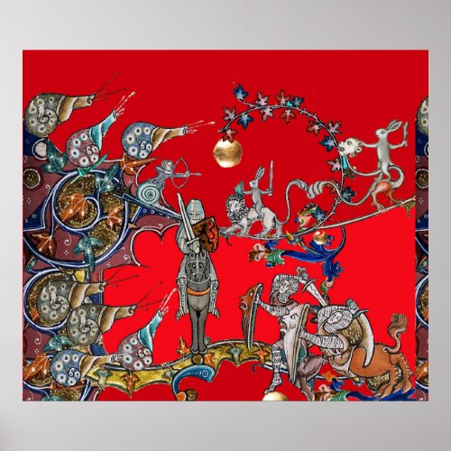 MEDIEVAL BESTIARY WAR KNIGHTSGIANT SNAILS Red Poster
