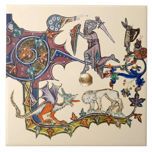 MEDIEVAL BESTIARY WAR Snail vs Knight ,Dragon.Lion Ceramic Tile (Front)