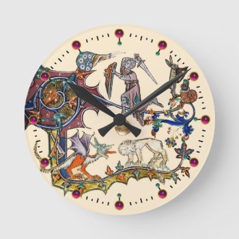 Medieval Bestiary War Snail Vs Knight  Dragon.lion Round Clock by bulgan_lumini at Zazzle
