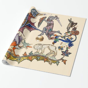 MEDIEVAL BESTIARY WAR Snail vs Knight ,Dragon.Lion Wrapping Paper