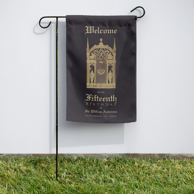 Medieval Birthday Welcome Black Gold Knight Gothic Garden Flag (Creator Uploaded)
