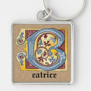 Medieval Blue and Red Ivy Illuminated Letter B Keychain