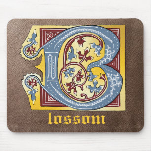Medieval Blue and Red Ivy Illuminated Letter B Mouse Pad