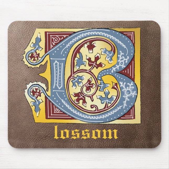 Medieval Blue and Red Ivy Illuminated Letter B Mouse Pad (Front)