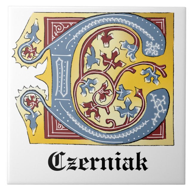 Medieval Blue and Red Ivy Illuminated Letter C Ceramic Tile (Front)
