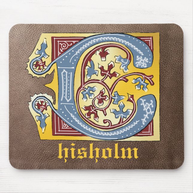 Medieval Blue and Red Ivy Illuminated Letter C Mouse Pad (Front)