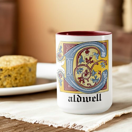Medieval Blue and Red Ivy Illuminated Letter C Mug