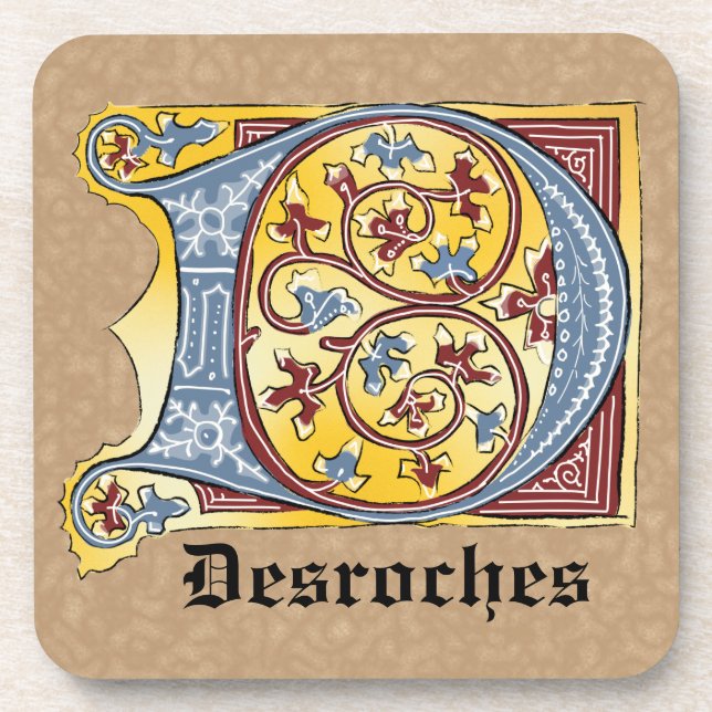 Medieval Blue and Red Ivy Illuminated Letter D Beverage Coaster (Front)
