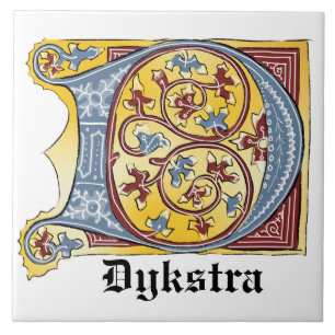 Medieval Blue and Red Ivy Illuminated Letter D Ceramic Tile