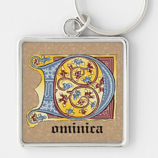 Medieval Blue and Red Ivy Illuminated Letter D Keychain (Front)