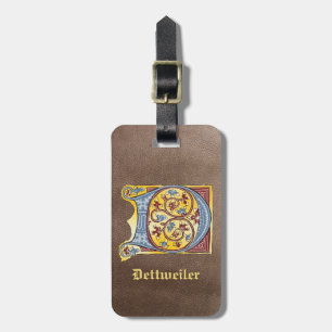 Medieval Blue and Red Ivy Illuminated Letter D Luggage Tag