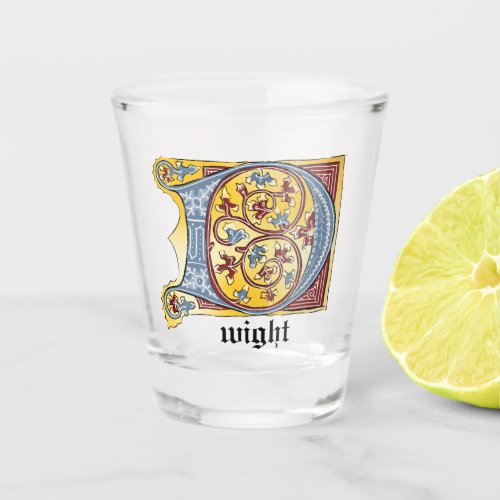 Medieval Blue and Red Ivy Illuminated Letter D Shot Glass