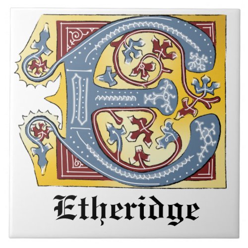 Medieval Blue and Red Ivy Illuminated Letter E Ceramic Tile