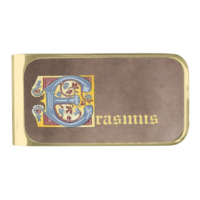Medieval Blue and Red Ivy Illuminated Letter E Gold Finish Money Clip (Front)
