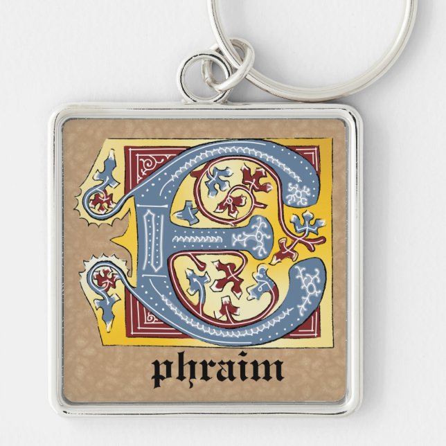 Medieval Blue and Red Ivy Illuminated Letter E Keychain (Front)
