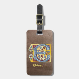 Medieval Blue and Red Ivy Illuminated Letter E Luggage Tag