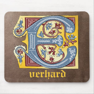 Medieval Blue and Red Ivy Illuminated Letter E Mouse Pad