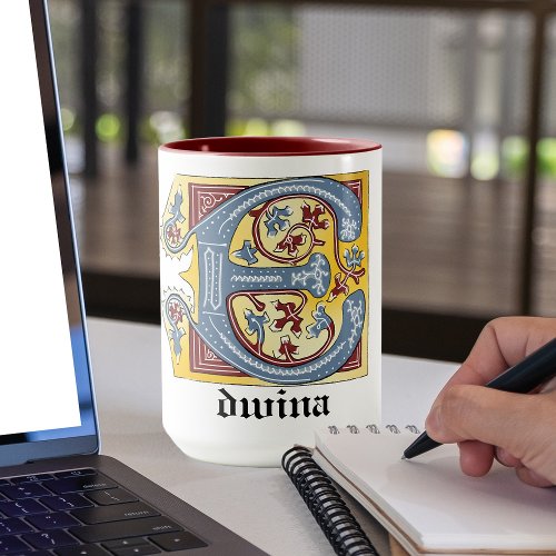 Medieval Blue and Red Ivy Illuminated Letter E Mug