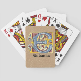 Medieval Blue and Red Ivy Illuminated Letter E Poker Cards