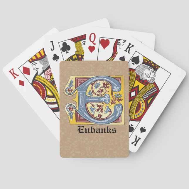 Medieval Blue and Red Ivy Illuminated Letter E Poker Cards (Back)