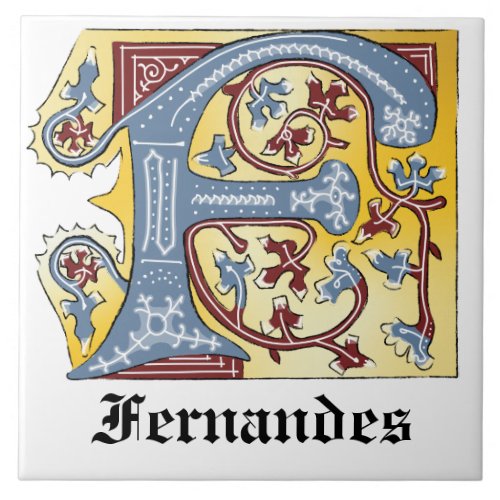 Medieval Blue and Red Ivy Illuminated Letter F Ceramic Tile
