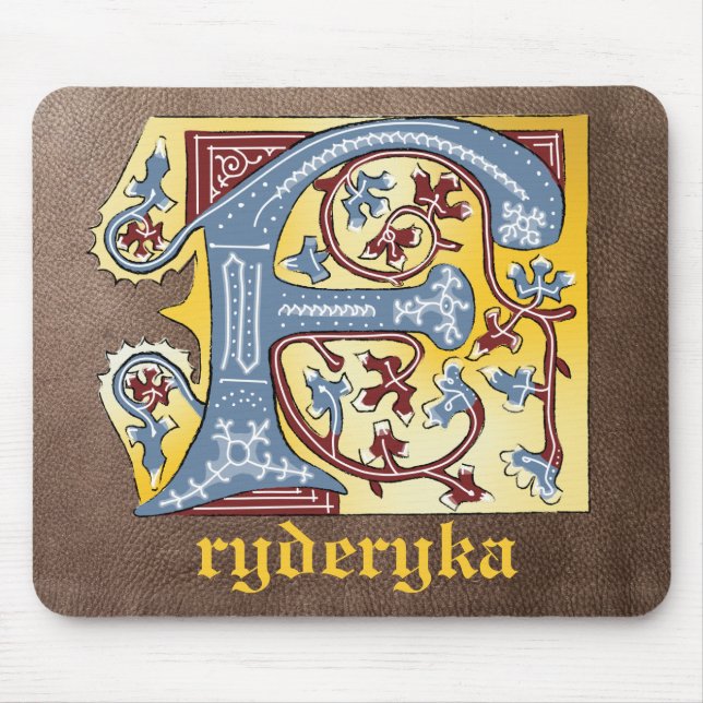 Medieval Blue and Red Ivy Illuminated Letter F Mouse Pad (Front)